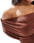 ASOS DESIGN Curve slinky asymmetric neck ruched sleeve top in chocolate