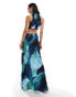 ASOS DESIGN racer neck maxi dress with twist waist detail in blue abstract print