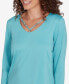 Petite V-Neck Solid Knit Top with Bead Detail