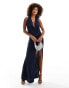 ASOS DESIGN wrap front halter maxi dress with extreme split in navy blue