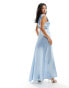 Vila Petite Bridesmaid satin v neck maxi dress with train in pastel blue