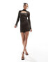 ASOS DESIGN grid mesh long sleeve mini dress with keyhole collar in black