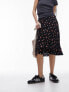 Topshop double ruffle knee length skirt in red and black floral