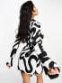 Simmi linen blend wrap mini dress in mono squiggle print