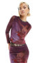 Labelrail x Dyspnea renaissance rodeo print mesh long sleeve top with embellished neck in purple