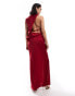 ASOS DESIGN satin asymmetric neck maxi dress with puddle hem in claret red