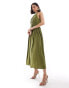 & Other Stories plisse midaxi dress with shirred detail in khaki green