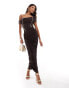 ASOS DESIGN off shoulder mesh draped maxi dress with contrast exposed seams in chocolate