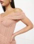 ASOS DESIGN Tall – Netzstoff-Midikleid in Rosé mit Korsettdetail, Carmen-Ausschnitt und Perlenbesatz