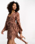 ASOS DESIGN fluffy v neck mini dress with tie waist and tie back detail in brown