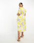 Vila Curve satin split front midi dress in lilac and yellow floral