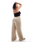 Vila Curve weighted plisse satin feel wide leg trousers in beige