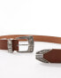 ASOS DESIGN faux leather belt in black with western buckle in brown