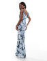 ASOS DESIGN shimmer plunge cowl neck maxi dress with tie detail in blue floral print