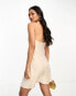 ASOS DESIGN bandeau contrast fabric slip mini dress with corset detail in oyster