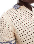 ASOS DESIGN knitted crochet notch neck polo in ecru with contrast trims