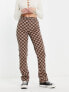 Only high waisted straight leg trousers in brown checkerboard