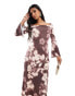 ASOS DESIGN long sleeve bardot maxi dress with central cut out in blurred floral print