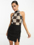 ASOS DESIGN halter crochet mini dress in mono checkerboard