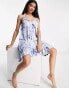 Influence tie shoulder beach dress in blue and white print