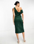 ASOS DESIGN fallen shoulder manipulated tuck bodycon midi dress in forest green