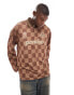 ASOS DESIGN oversized long sleeve polo with paraiso chest print in brown check