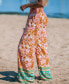 Women's Orange Floral Smocked Waist Straight Leg Pants