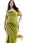 TFNC Bridesmaids Plus bardot maxi dress with pleat in olive