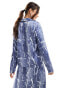 Vero Moda satin tie front open shirt co-ord in blue crinkle print