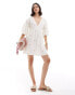 ASOS DESIGN v neck short sleeve gathered waist mini dress in white with embroidery