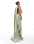 ASOS DESIGN one shoulder cape red carpet maxi with train in sage green