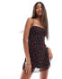 Bershka cowl neck lace up back mini dress in black cherry print