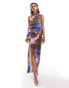 ASOS DESIGN satin asymmetric neck maxi dress with puddle hem in abstract print