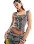 Lioness denim tie up corset top with lace trim co-ord in washed grey