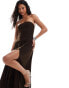 Rare London mesh ruched bandeau drop waist maxi dress in chocolate