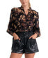 Women's Cotton Floral-Print Ruffled Split-Neck Top