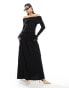 Lioness knit ruched bardot long sleeve drop waist pleated maxi dress in black