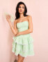 ASOS LUXE denim bandeau tiered broderie mini skater dress in pastel green