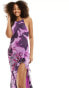 ASOS DESIGN high neck embellished midaxi dress in purple abstract print