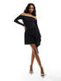 Miss Selfridge asymmetric ruched long sleeve mini dress in black