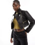 ASOS DESIGN super cropped faux leather jacket with gold detailing in black