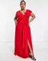 TFNC Plus Bridesmaid flutter sleeve ruffle detail maxi dress in red