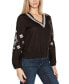 Black Label Women’s Embroidered Blouson Sleeve V-Neck Blouse Top