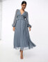 ASOS DESIGN button through ruched waist pleated midi dress in metallic dobby in silver grey