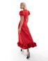 Sister Jane bow embossed puff sleeve ruffle hem midaxi dress in red