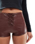 ASOS DESIGN leather look hotpant with lace up detail in chocolate