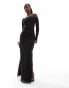 Flounce London bardot ruched maxi dress in mesh and jersey mix in black