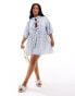 ASOS DESIGN Curve puff sleeve tie front mini dress in blue gingham print