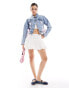 Miss Selfridge satin ribbon tie detail denim girlfriend jacket in mid blue wash