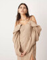 ASOS EDITION drama bardot midi dress with long sleeve in camel